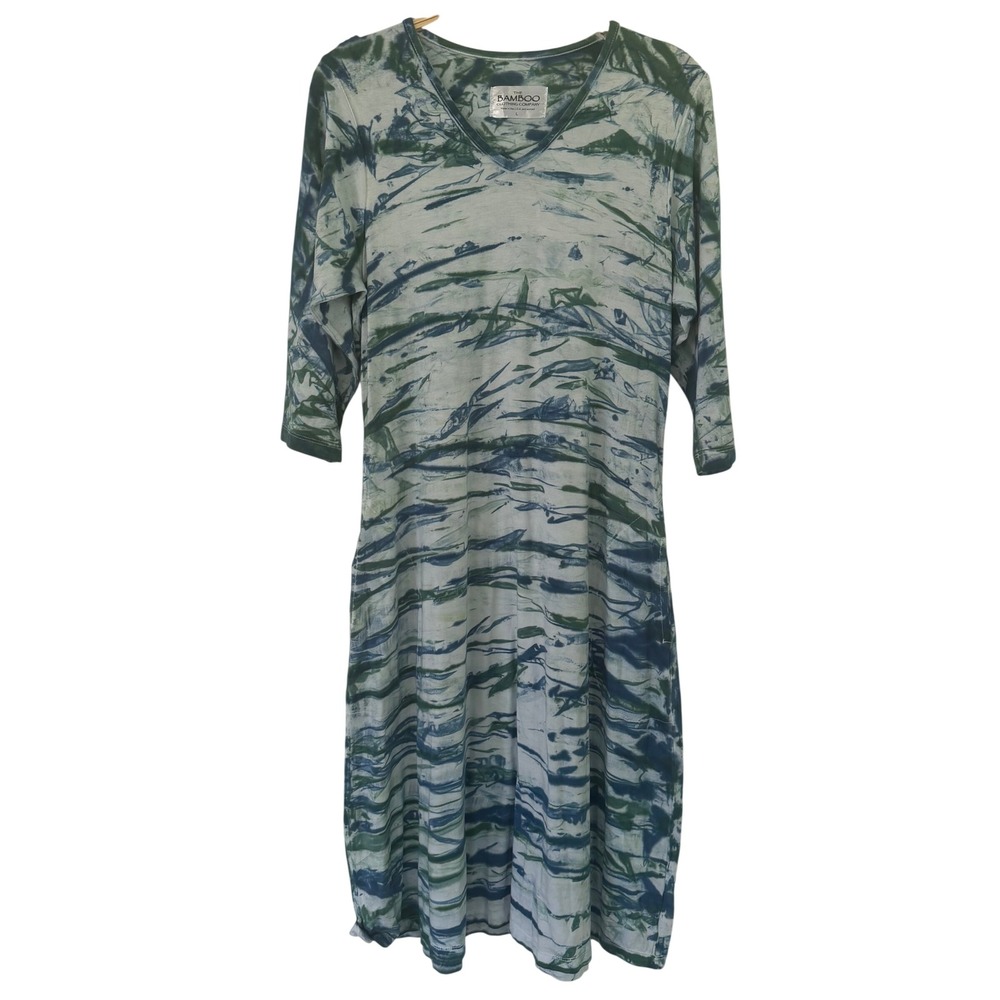 Bamboo Clothing Company Womens Blue Green Tie Dye V-Neck Pocket Dress Large